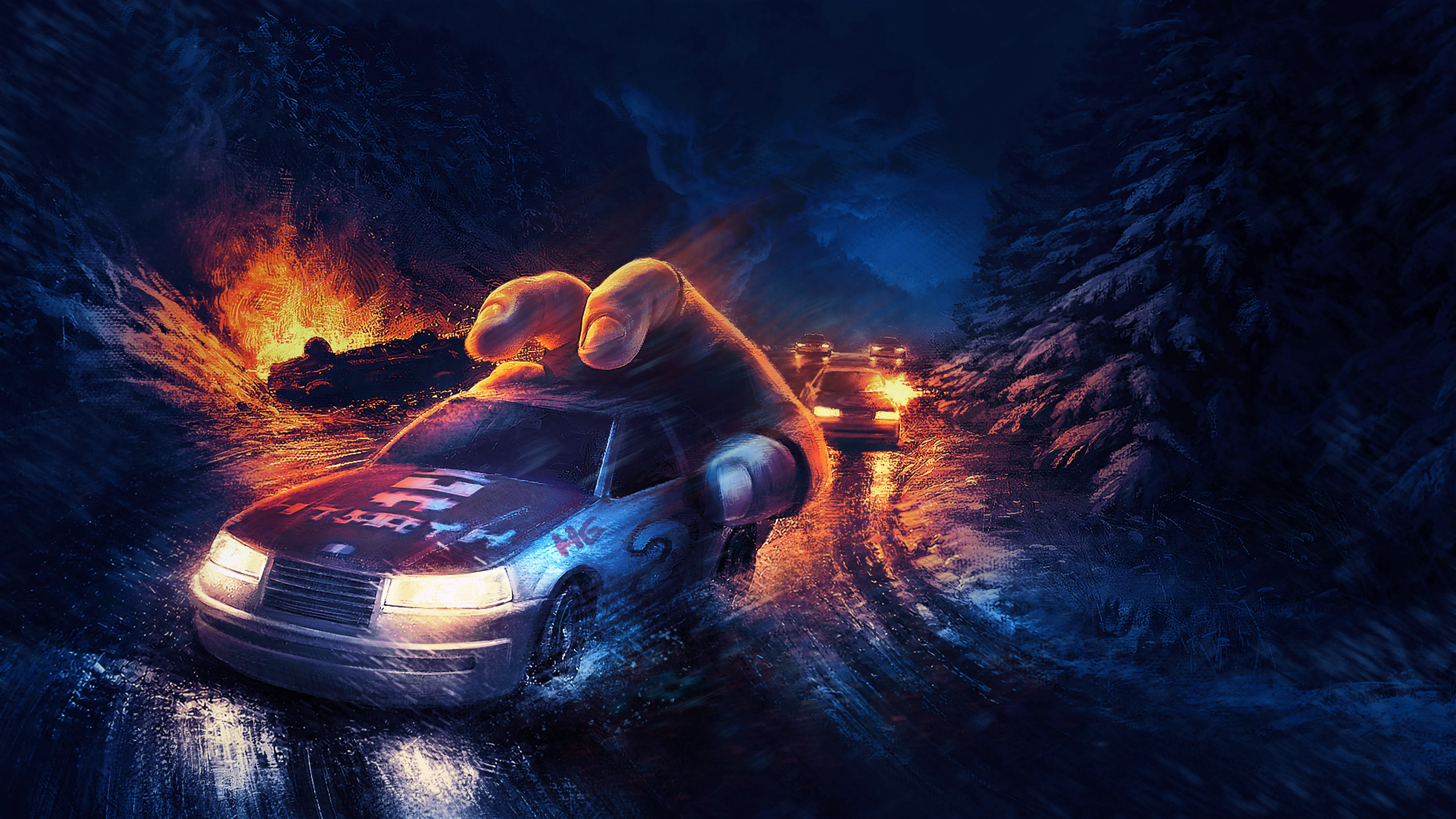 Key art: a giant hand grips a battered sedan as it drifts along a snowy night road, a wreck burning behind it and rivals' headlights closing in.