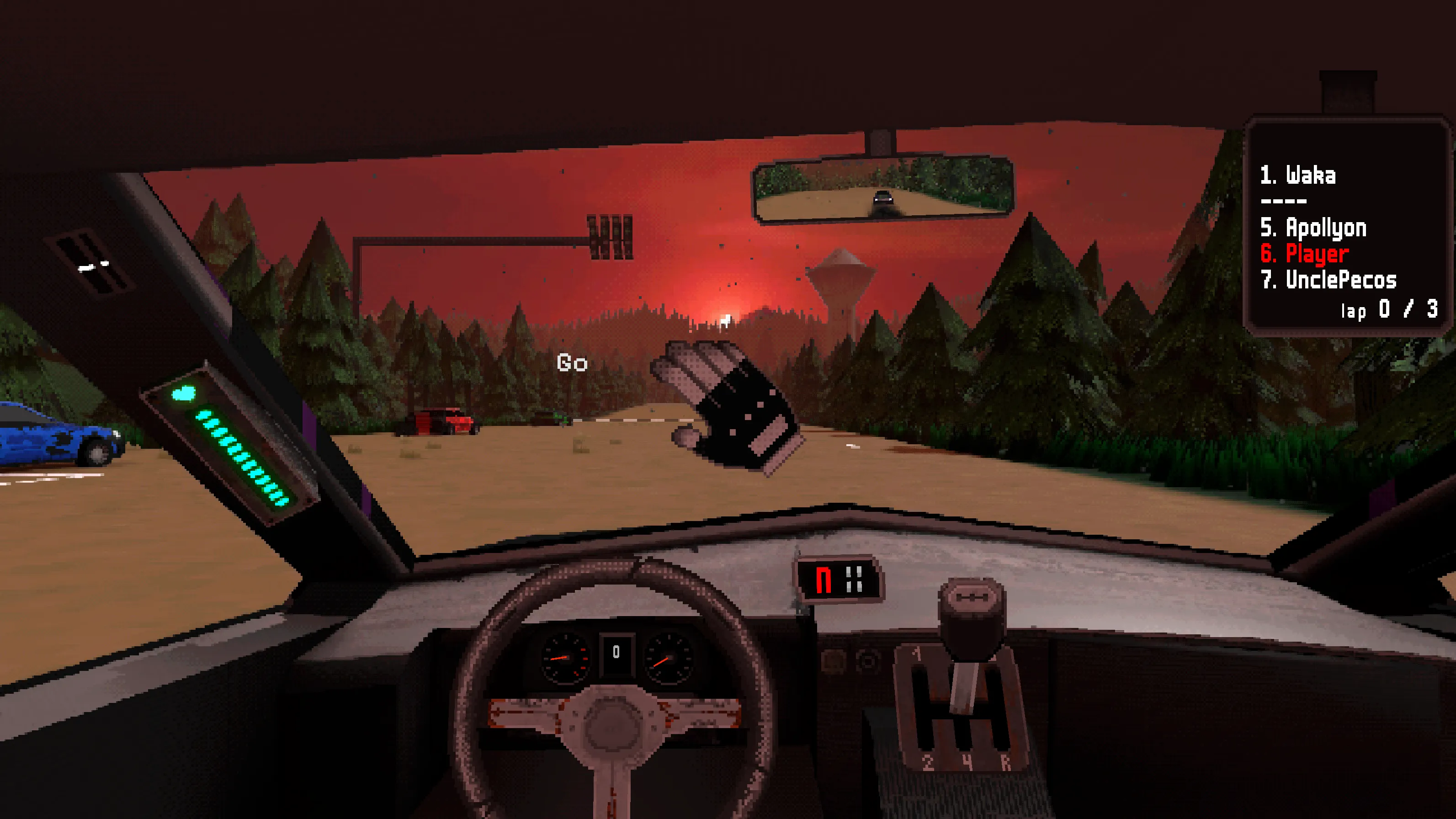 Forest Field at sunset: the cockpit facing a red sky and pines, the water tower ahead and a blue rival alongside.
