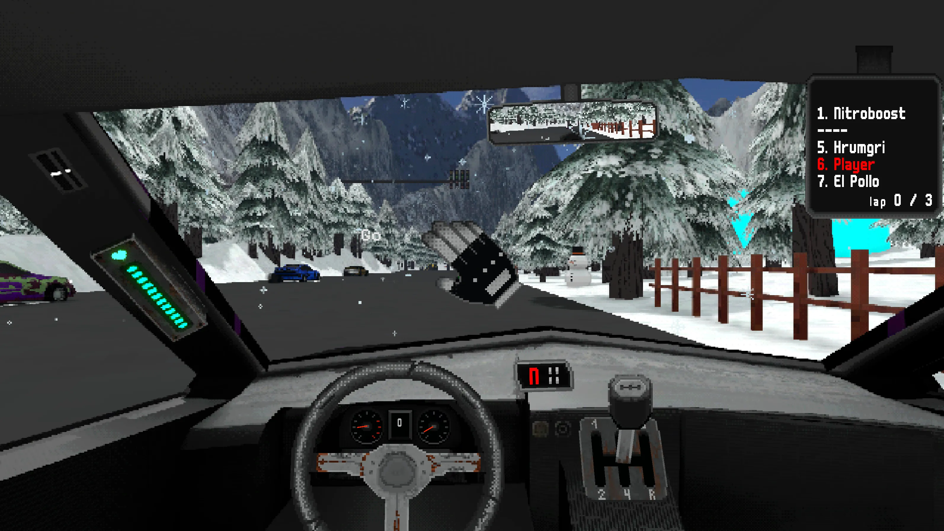 Winter Mountain: snowy pines, a snowman and wooden fences, rivals ahead on the road.