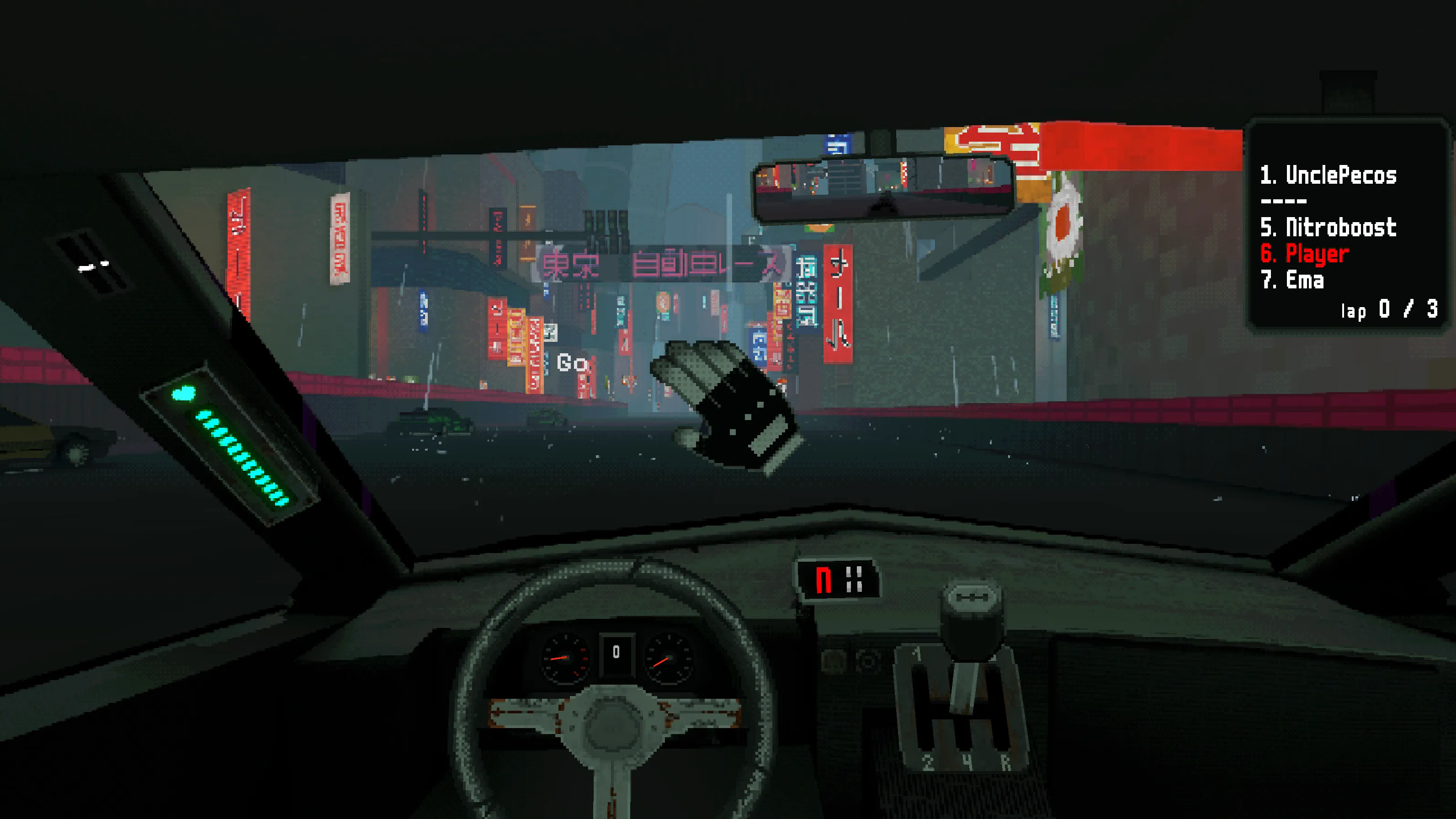Tokyo Temple: neon signs in the rain over a city street, seen from the cockpit.